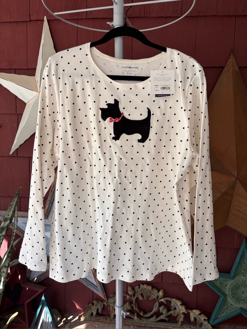 NWT Croft & Barrow Scottish Dog Black/White Polka Dot  Long Sleeve Top Size 1X